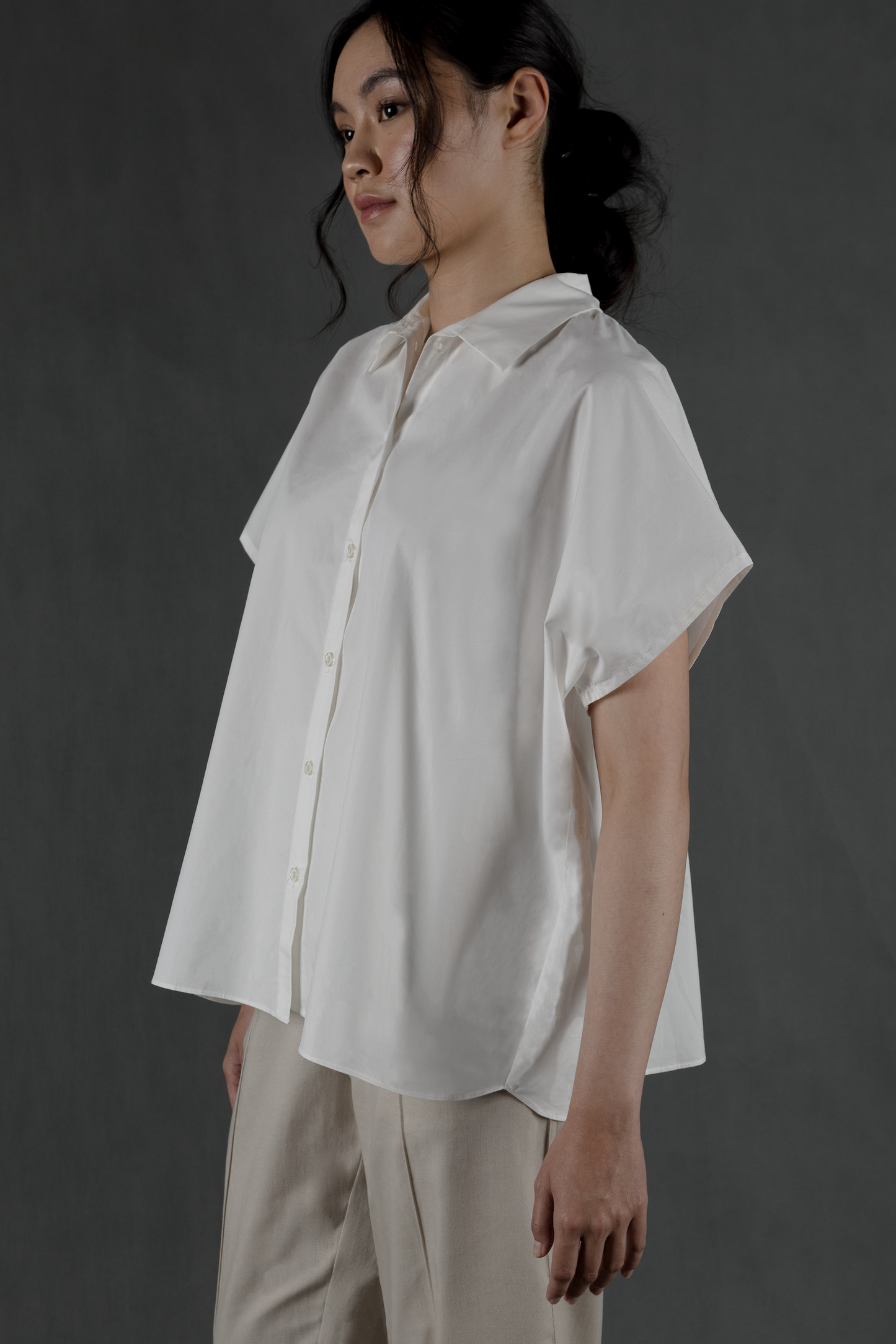 gathered back collared top - white