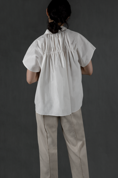 gathered back collared top - white