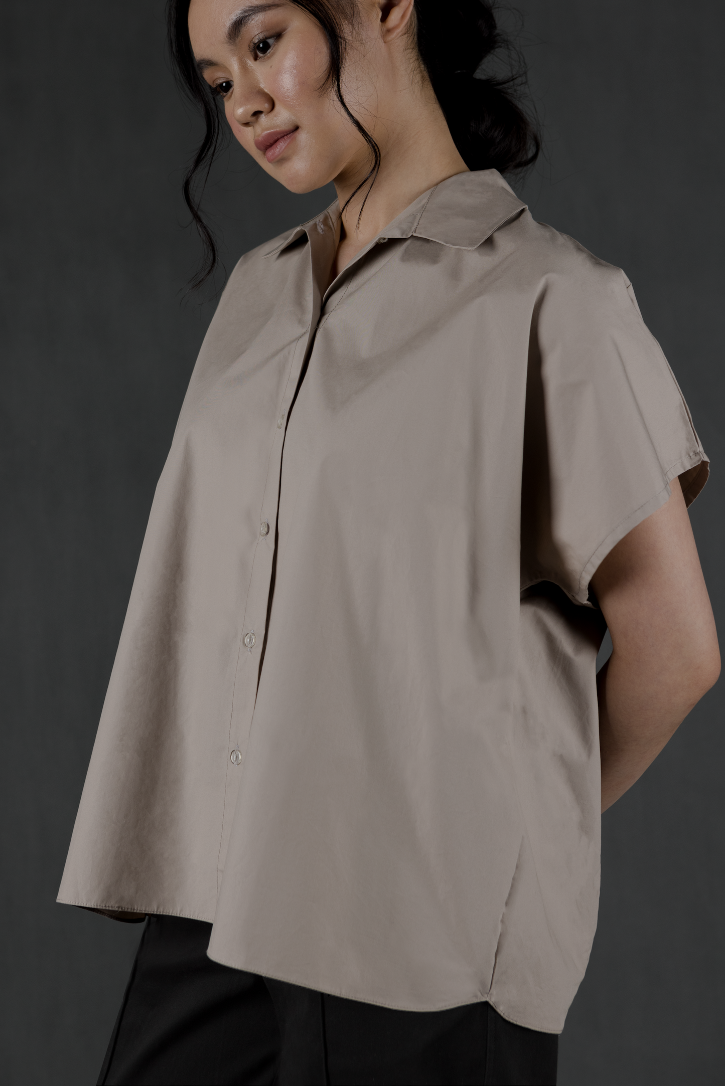 gathered back collared top - latte