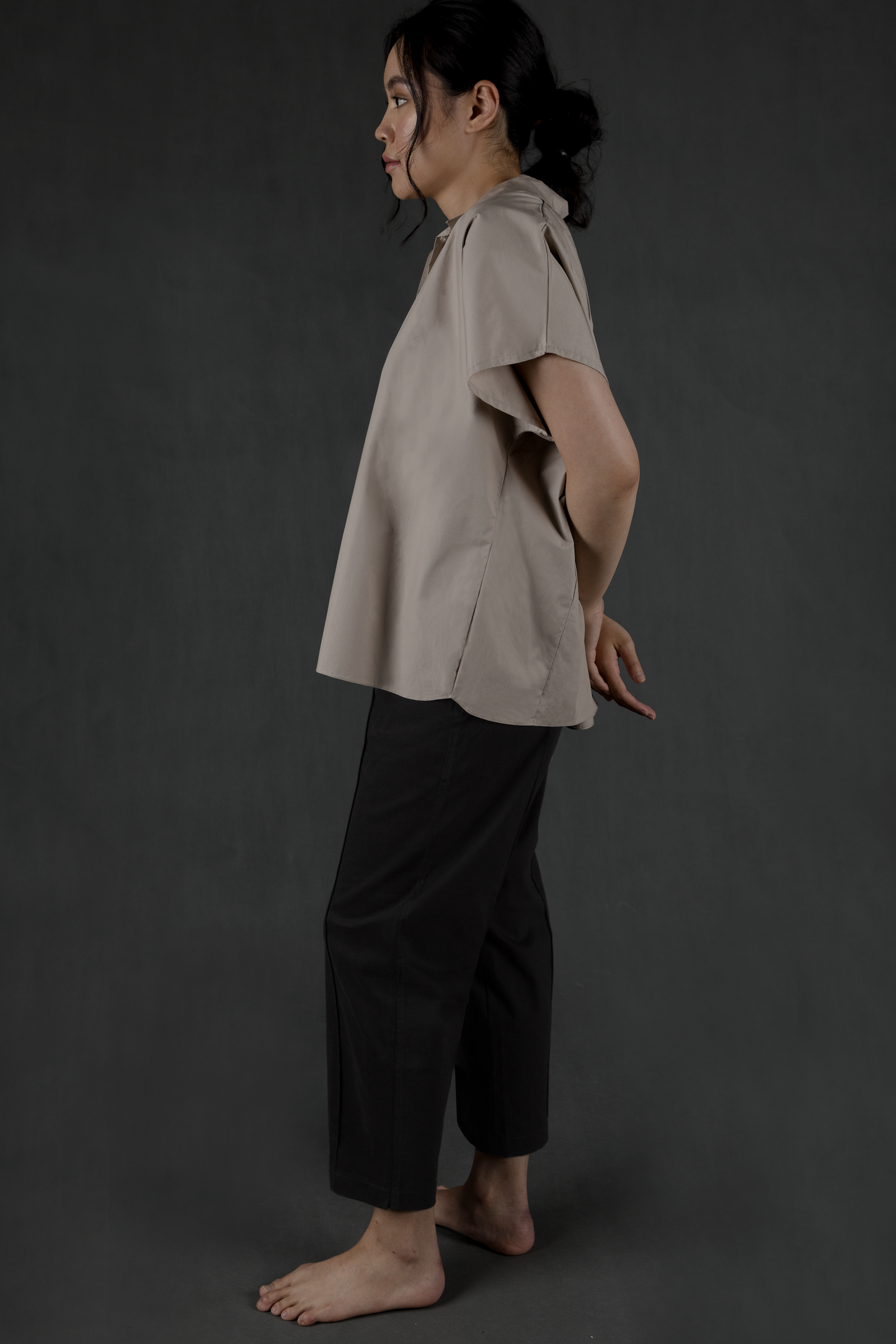 gathered back collared top - latte