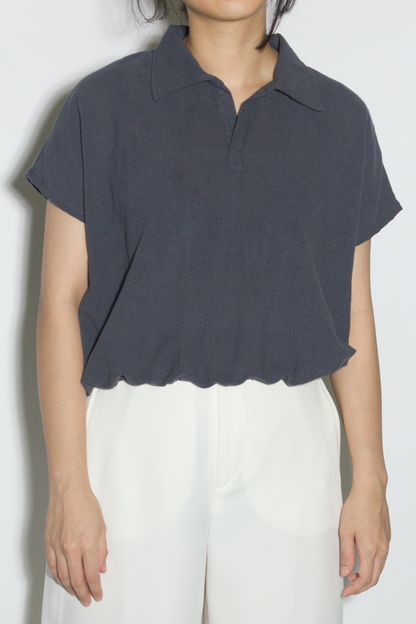 linen blend v-collar top - blue grey