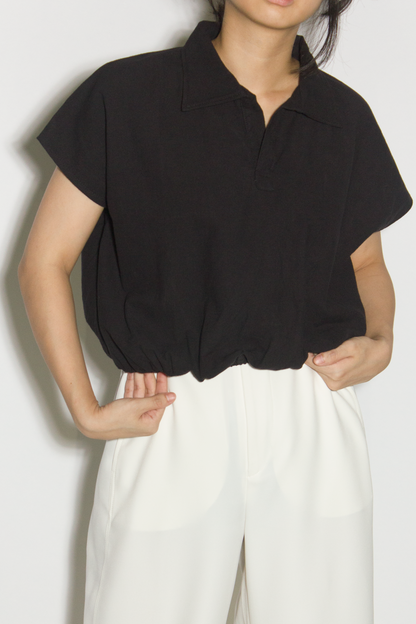 linen blend v-collar top - black