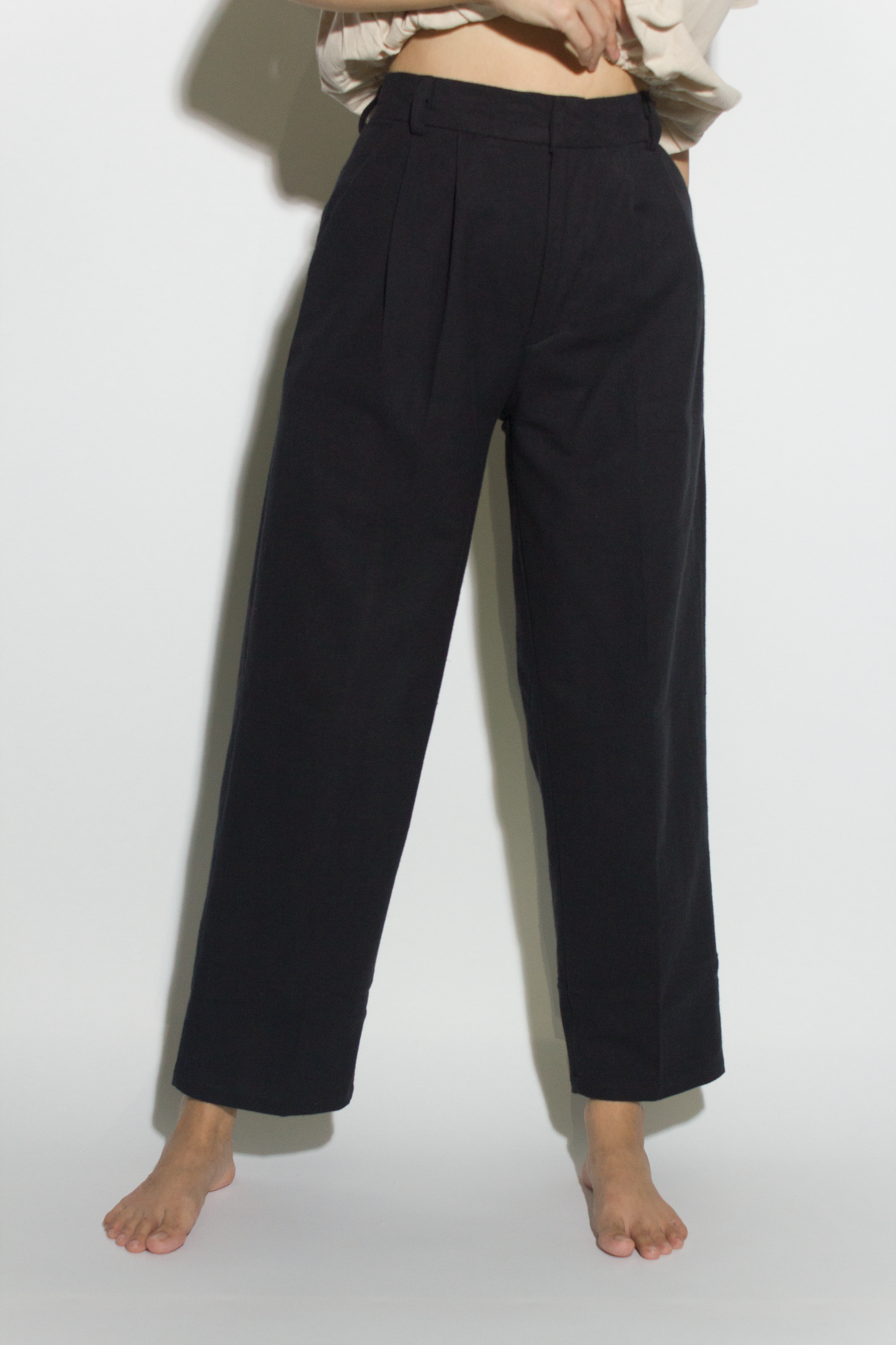 linen blend mid-waist straight pants - black