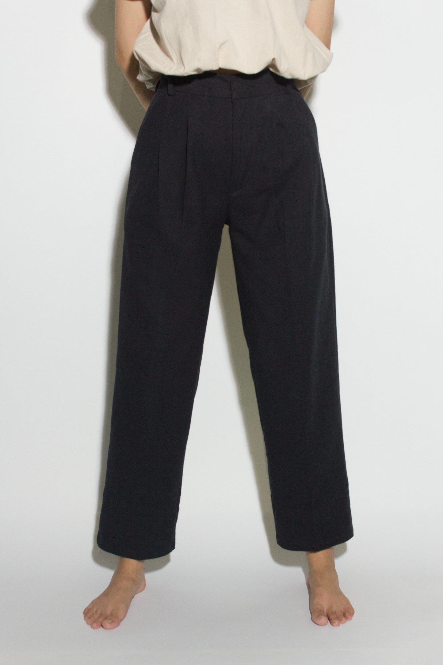 linen blend mid-waist straight pants - black