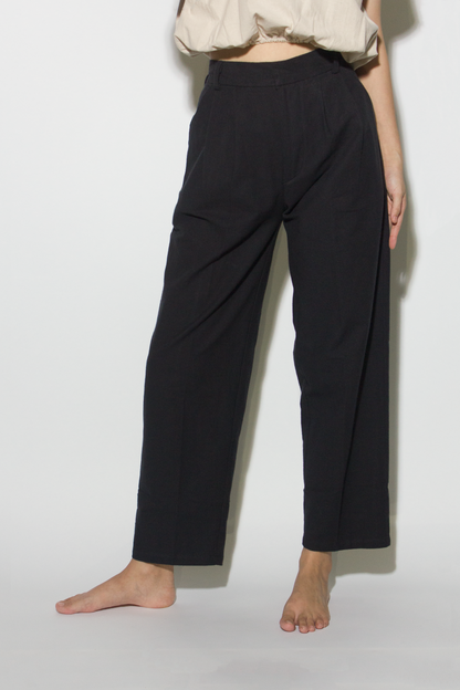 linen blend mid-waist straight pants - black