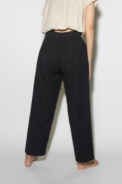 linen blend mid-waist straight pants - black