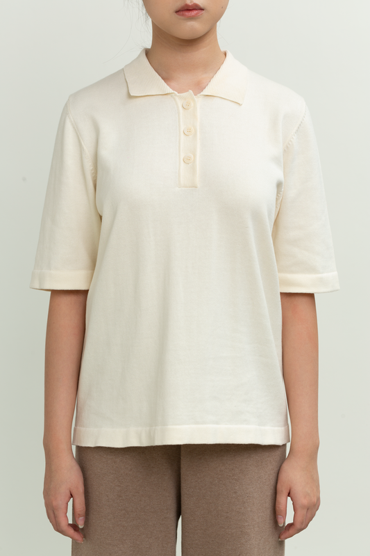 knit collared top - off white