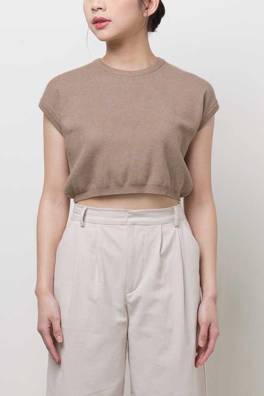 knit crop round neck top - brown