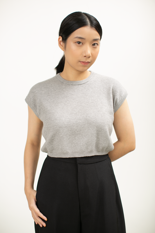 knit crop round neck top - grey