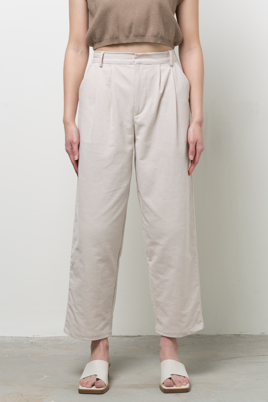 linen blend mid-waist straight pants - ecru