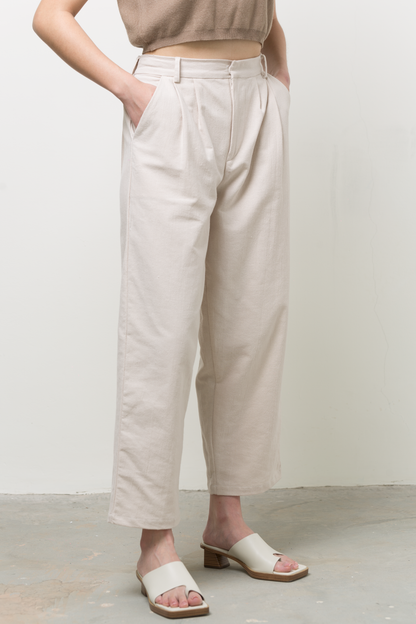 linen blend mid-waist straight pants - ecru