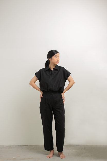 linen v-collar top - black