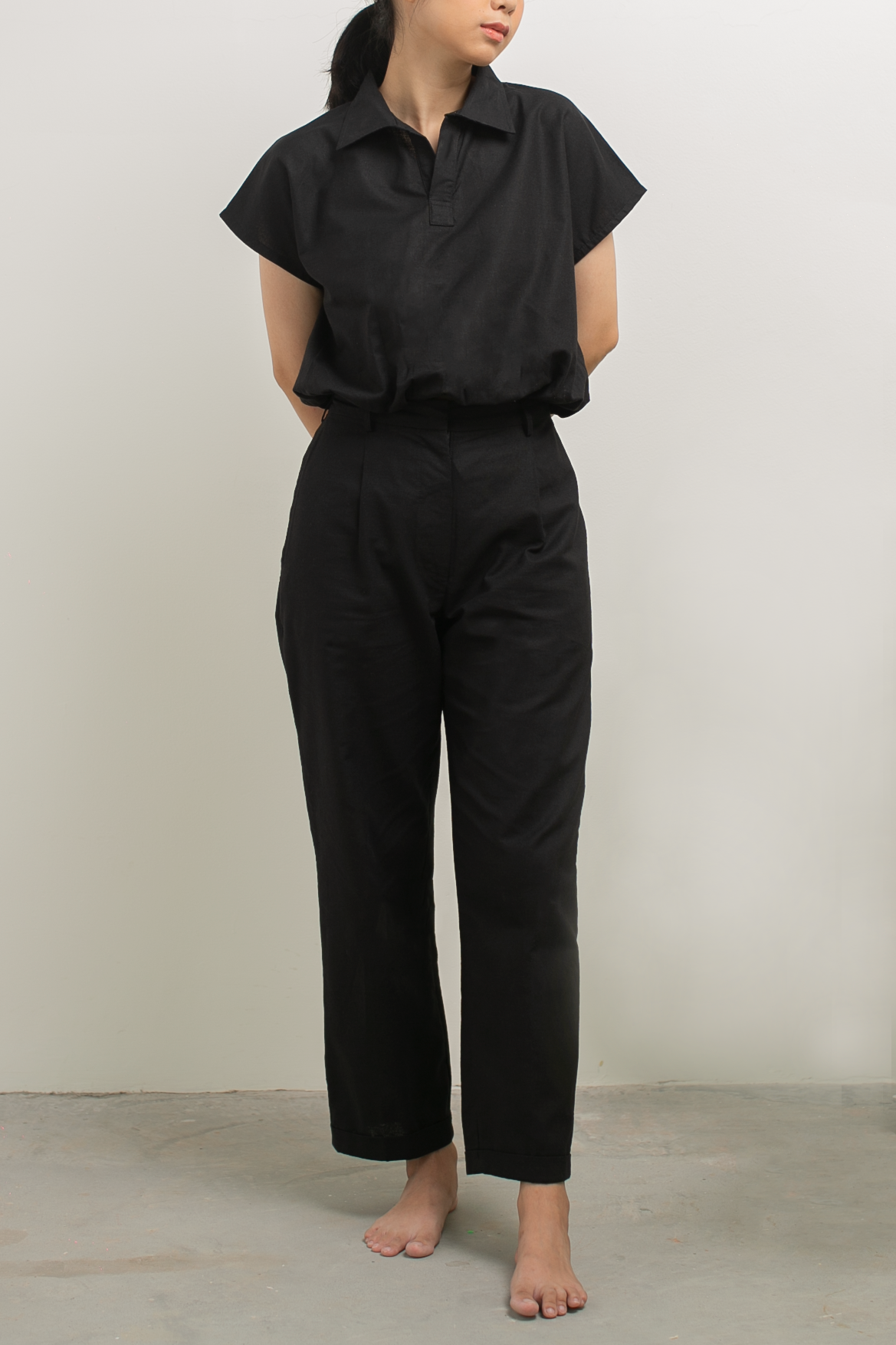 linen straight pants - black