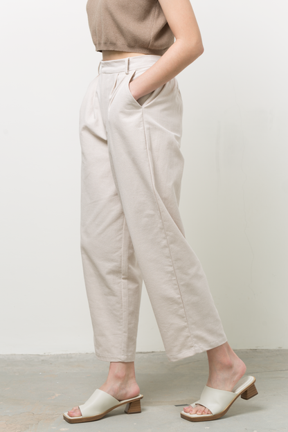 linen blend mid-waist straight pants - ecru