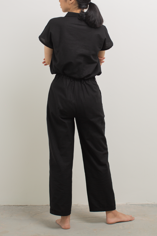 linen straight pants - black