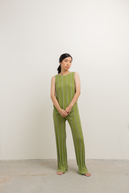 knit stripe pattern pants - green