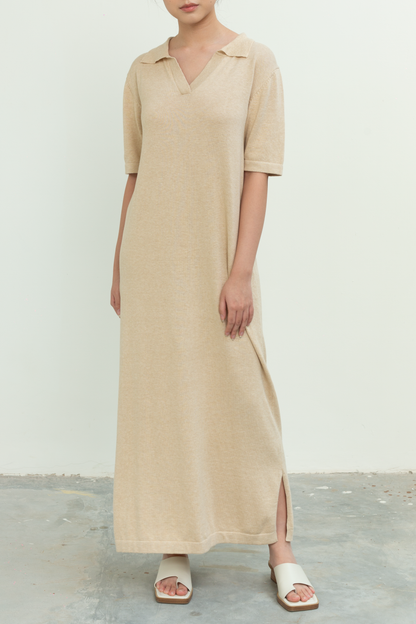 knit v-neck maxi dress - beige