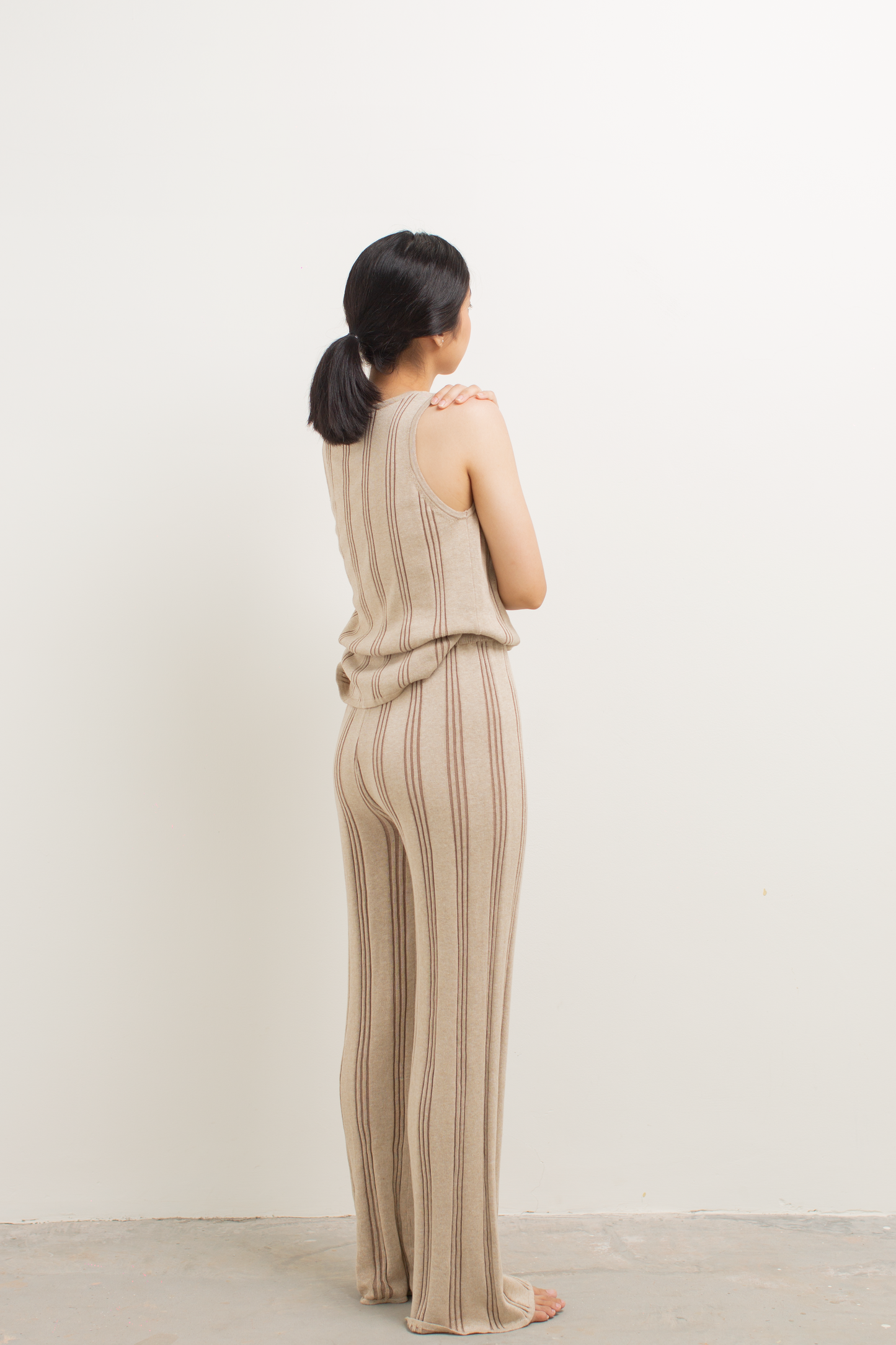 knit stripe pattern pants - brown