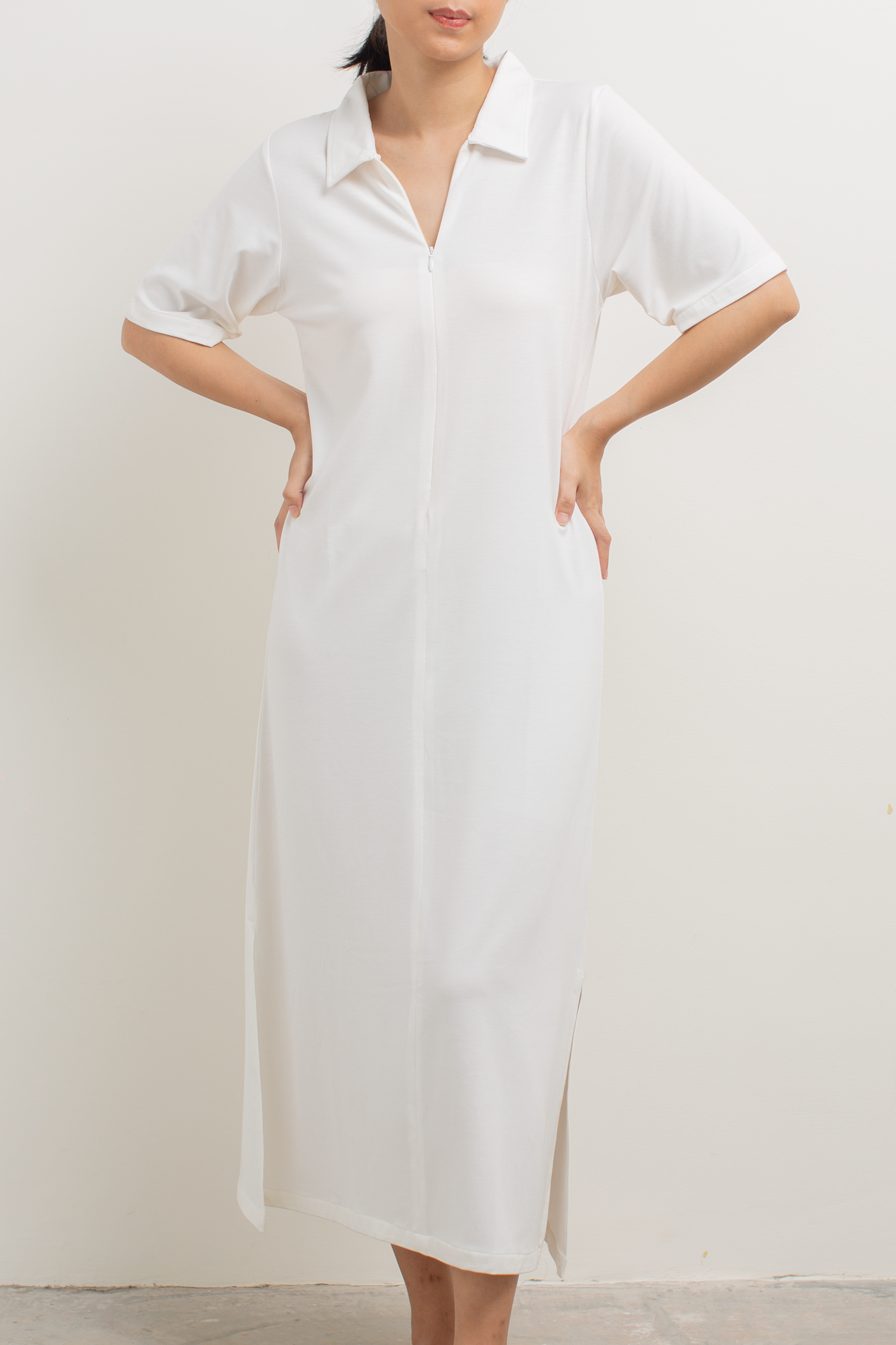 front-zip collar dress - off white