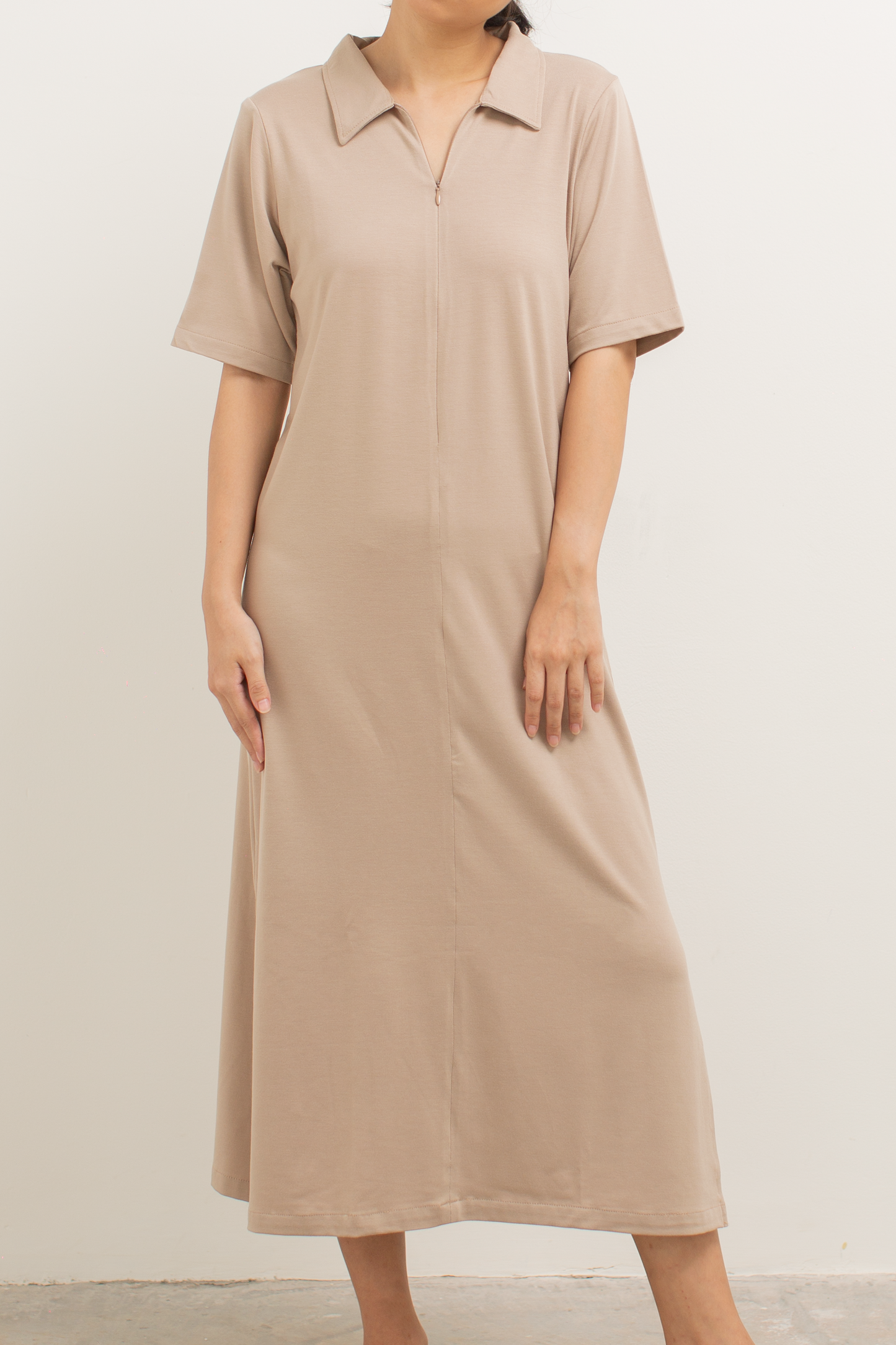 front-zip collar dress - khaki