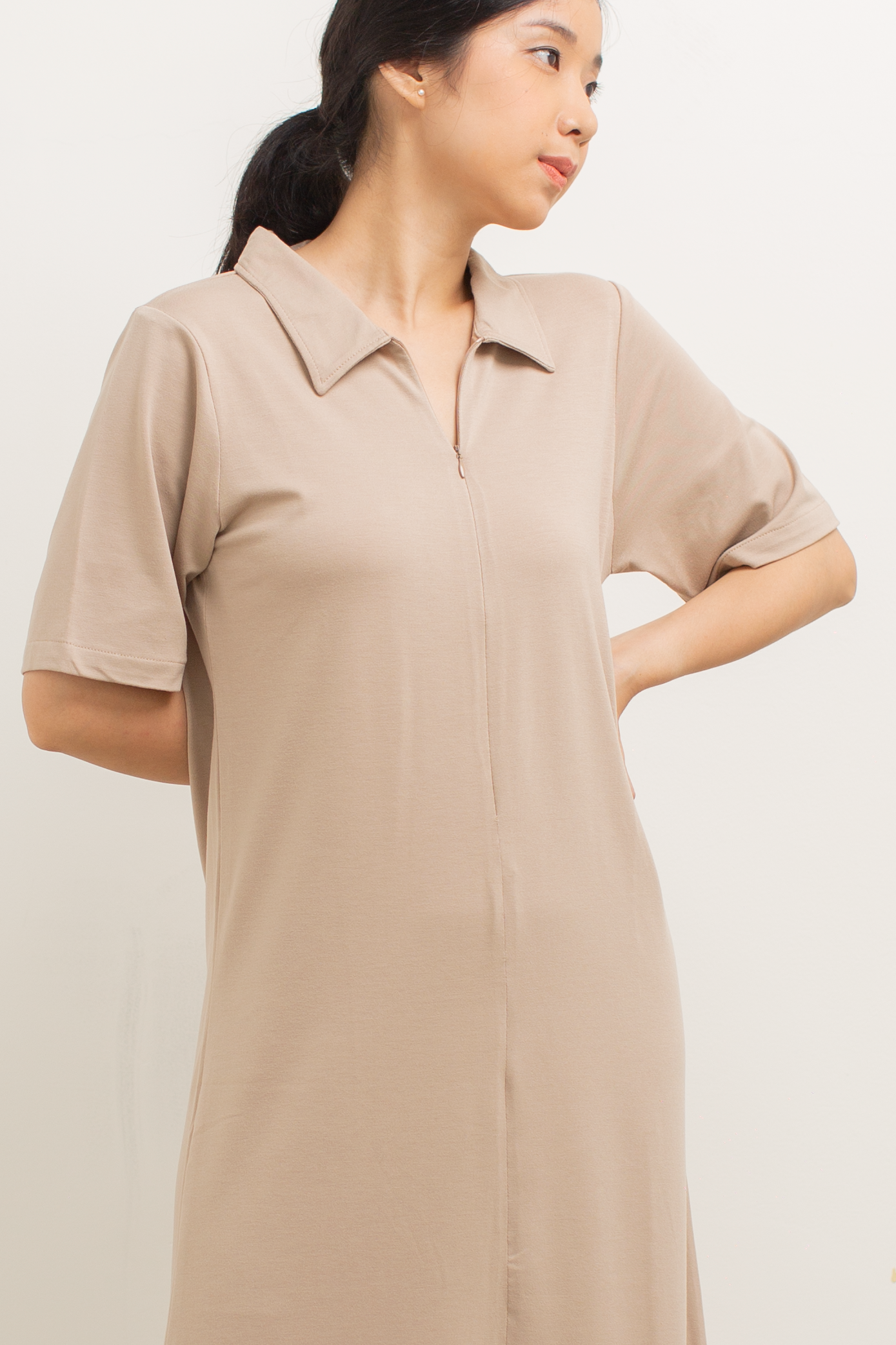 front-zip collar dress - khaki