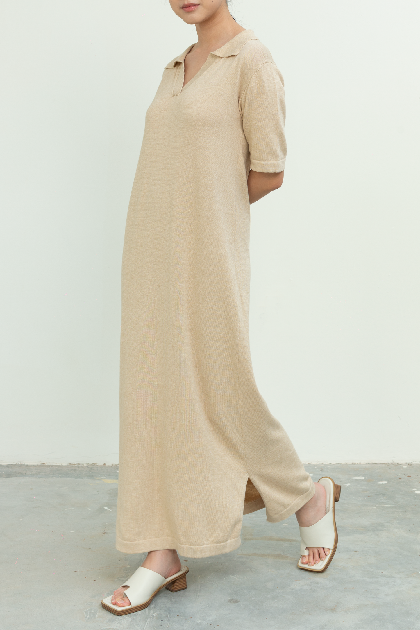 knit v-neck maxi dress - beige