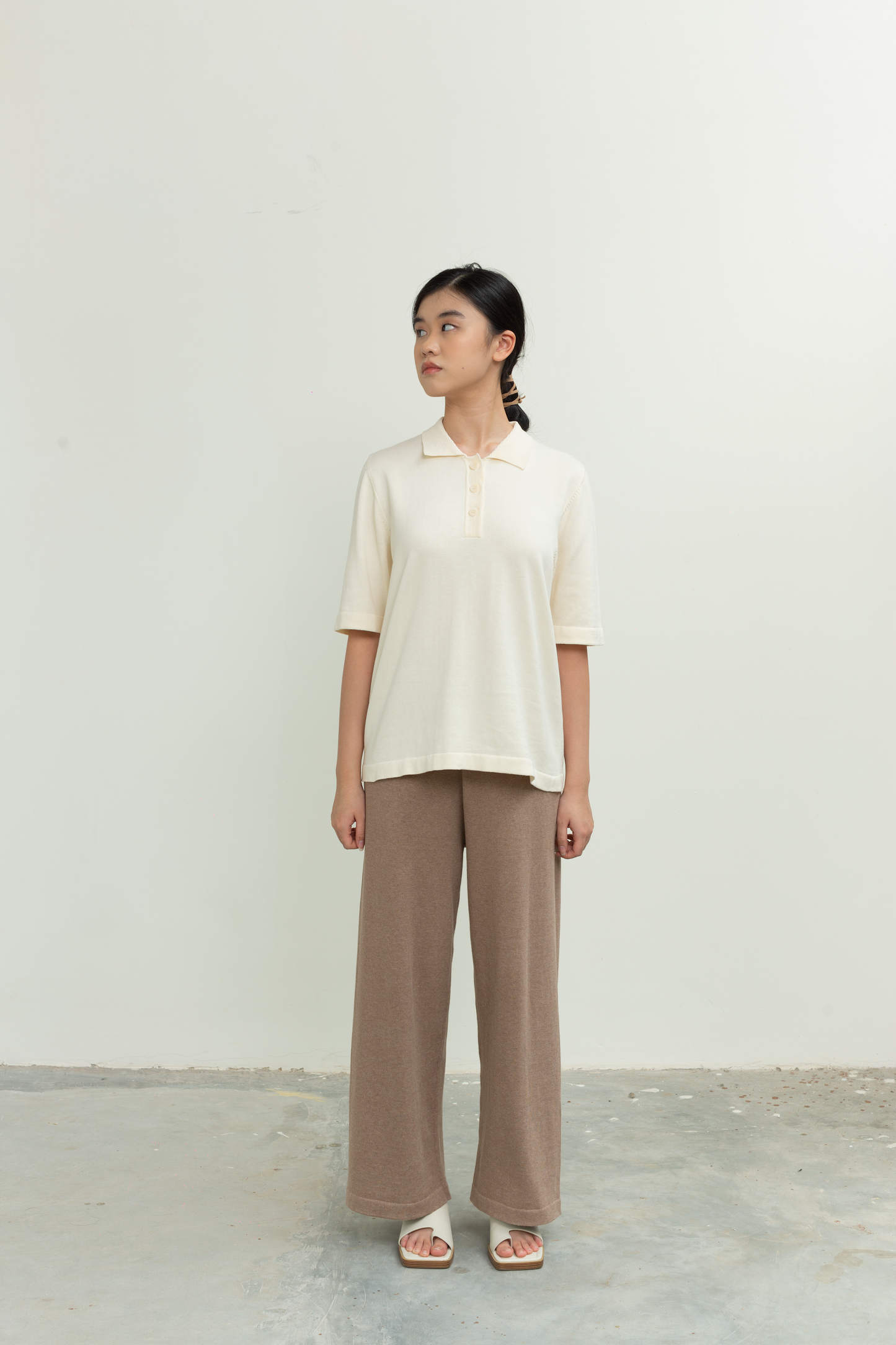 knit collared top - off white